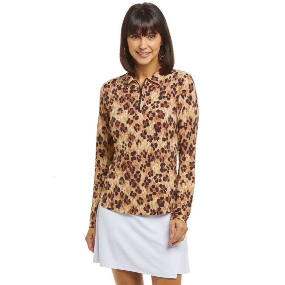 IBKUL Le Leopard Zip Polo Top Long Sleeve Shirt XS S M XL Natural Black